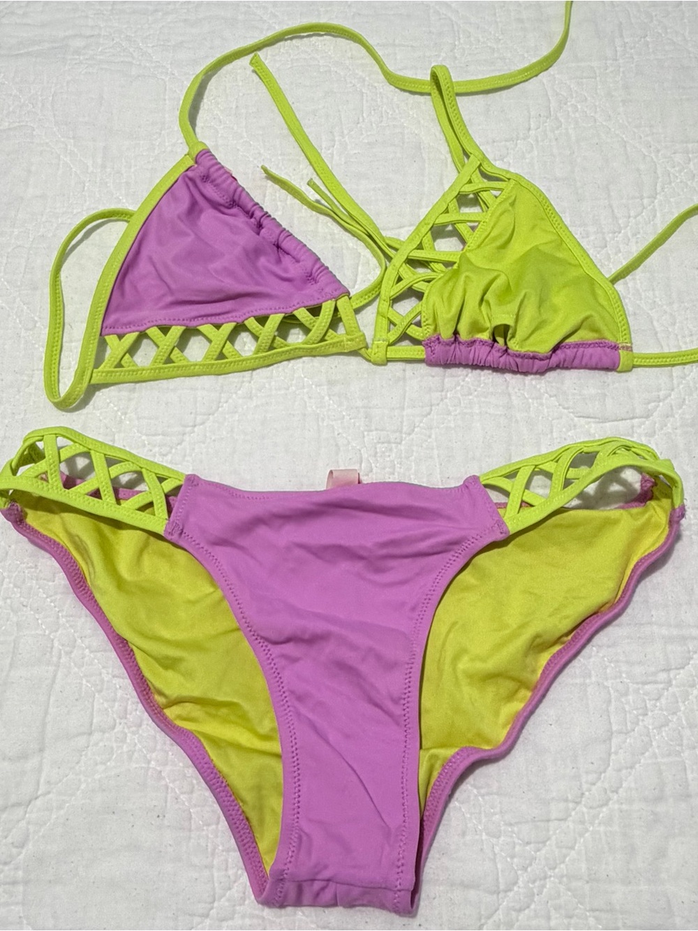 VS Neon Lime & Orchid Lattice Triangle Bikini S